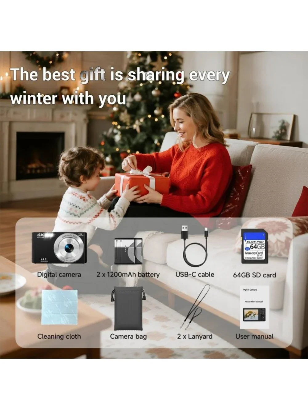 4K Digital Camera for Kids & Teens, Autofocus Point & Shoot, 16X Zoom, 64GB SD